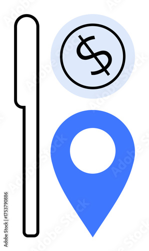 Fork outline beside a blue map pin and dollar icon, representing dining, location, and pricing. Ideal for food services, travel, budgeting, dining guides, delivery hospitality simple flat metaphor