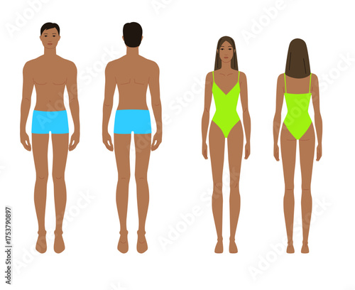 Male and female body template front and back view, Brown beige skin tone diversity man, woman. Flat vector anatomy model for fashion, tailoring, garment fitting, proportions, measurement art reference