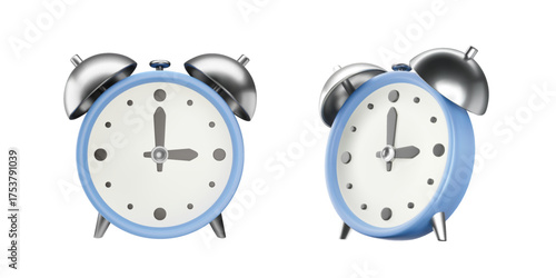 3D alarm clock vector set. Analog timer icon in perspective with metallic bell. Isolated vector design