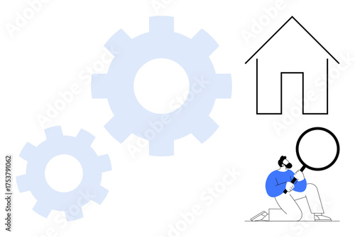 Person examining house with magnifying glass, representing evaluation or inspection. Large gears symbolize process, planning, or technical aspects. Ideal for analysis, real estate, engineering