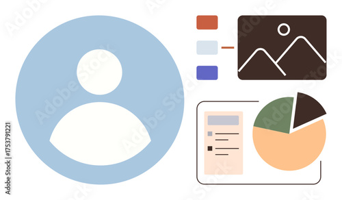 User profile with visual charts, pie graph, image icon, and content blocks. Ideal for analytics, media, reporting, data insights infographics business metrics project dashboard. Simple flat