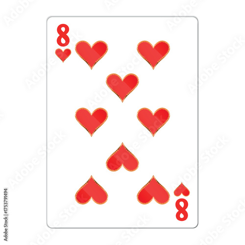 Eight of hearts. Playing card with golden elements. Casino icons. Pictograms representing different suits. Vector illustration. Flat design for modern visual elements.