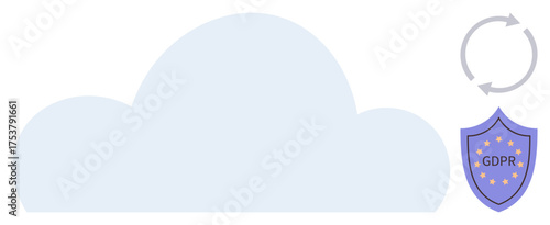 Cloud with GDPR shield symbolizing data privacy, surrounded by data transfer icon. Ideal for data security, privacy protection, compliance, cloud computing, legislation, technology policy, simple