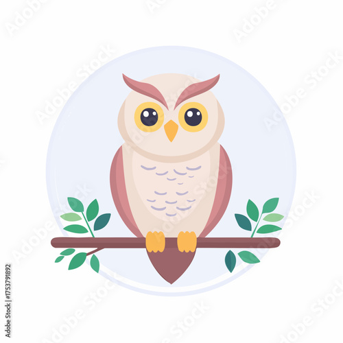 Cute owl perched on a branch, vector illustration, nature-themed design, flat style, wildlife art