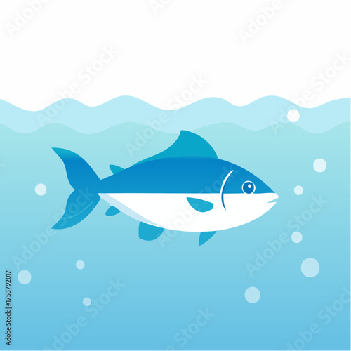 Vibrant blue and white fish in a minimalist flat design, gracefully swimming through clear water with bubbles, symbolizing freedom, serene aquatic life, and natural marine ecosystems