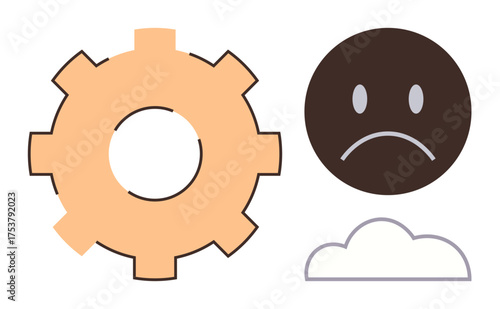Sad face beside a gear and cloud symbolizing issues or inefficiencies. Ideal for workflow problems, technology, troubleshooting, mood representation, frustrations, decision-making, simple flat