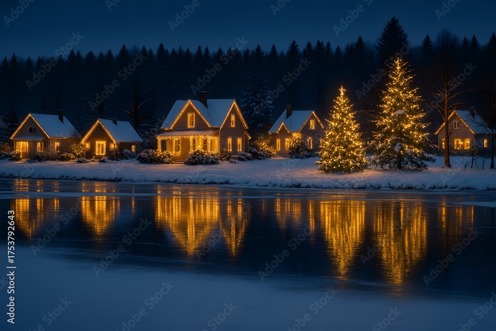 Fototapeta premium Festive Winter Scene: A picturesque winter landscape unfolds as a serene village shimmers with holiday cheer, illuminated by warm lights and reflecting softly on the tranquil water below. 