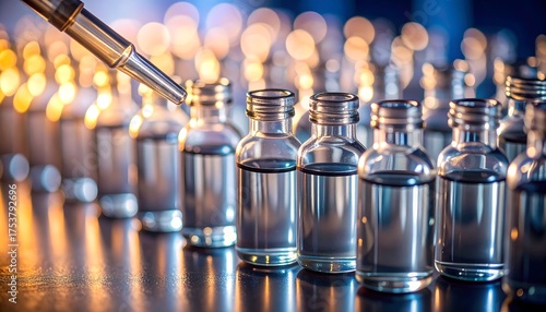 Viales médicos alineados con pipeta de laboratorio y reflejos azules y dorados en entorno científico moderno