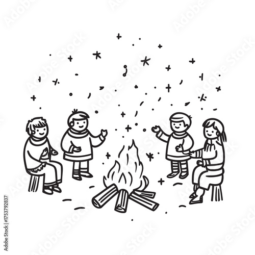 vector line art illustration of nighttime campfire gatherings