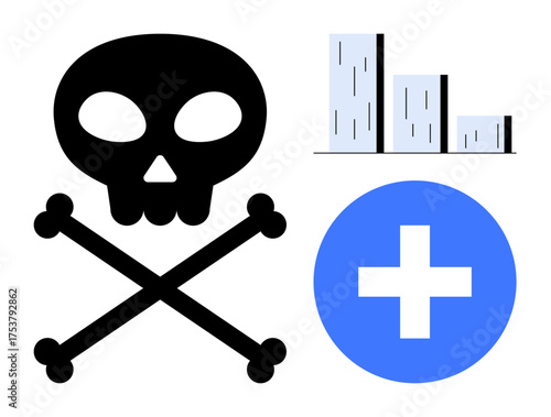 Skull and crossbones symbol near medical cross and bar chart. Ideal for health risks, safety awareness, mortality data, public health, analysis, prevention, danger. Simple flat metaphor