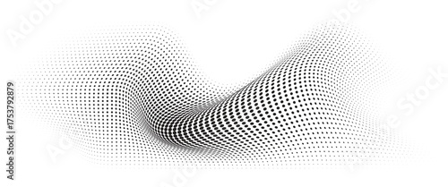 Flowing Wave Dot Halftone Pattern: Curve Gradient Shape on Transparent Background. Suitable for AI, Tech, Network, Digital, Science, and Technology Themes.