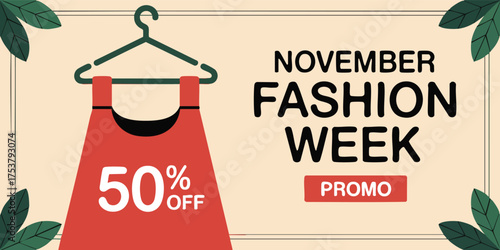 November Fashion Week ad with dress hanger 50 off text leaves light background and a Promo tag