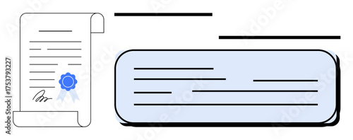 Certified document with blue seal and signature next to a highlighted text section. Ideal for certification, approval, agreement, formalization, contract, validation, credentials. Simple flat