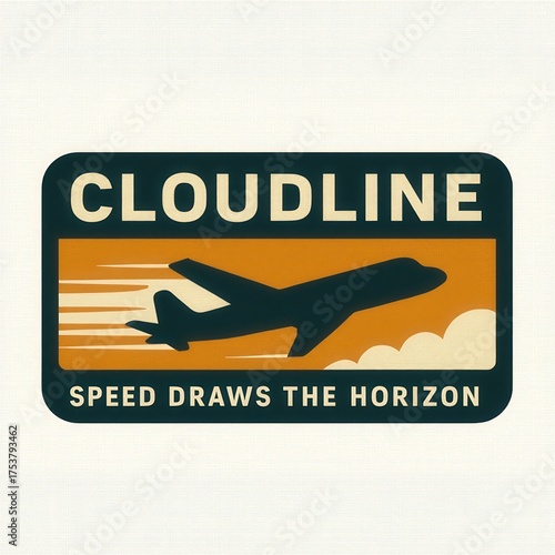 Airplane flies past clouds with speed lines and text.