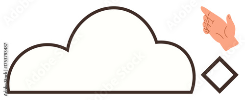 Outlined cloud with a diamond shape and hand gesture pointing, symbolizing connectivity, direction, storage, networking, cloud computing, collaboration, and decision-making in a simple flat metaphor