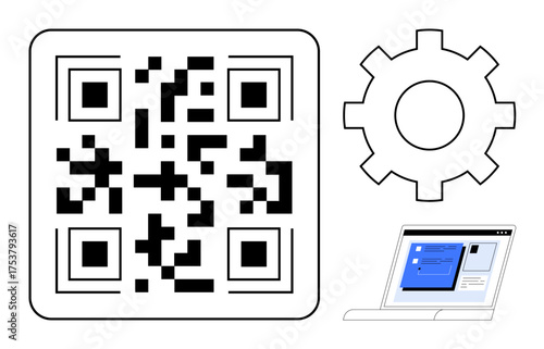 QR code, gear symbol, and laptop screen showcasing digital configuration. Ideal for technology, automation, digital tools, data sharing, software, productivity simple flat metaphor