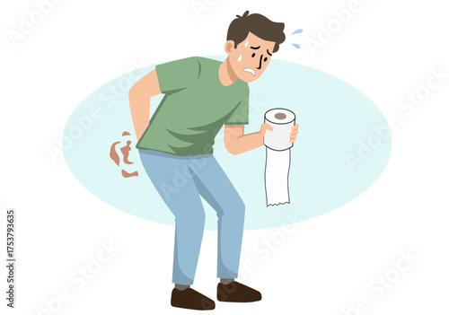 Illustration of a young man looking for a restroom because he has diarrhea.