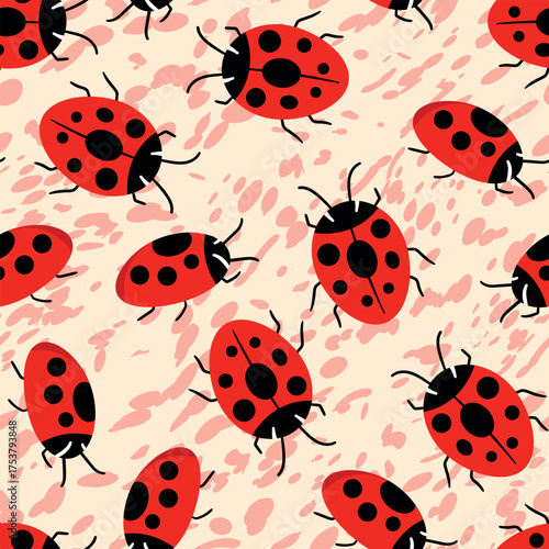Fashion animal seamless pattern with colorful ladybird on white background. Cute holiday illustration with ladybags for baby. Design for invitation, poster, card, fabric, textile.