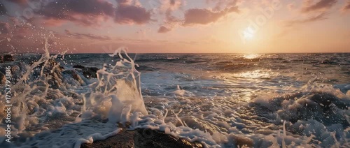 A dramatic and cinematic slow-motion video of ocean waves crashing on rocks during a beautiful golden sunset. Represents power, beauty, and the unstoppable force of nature.