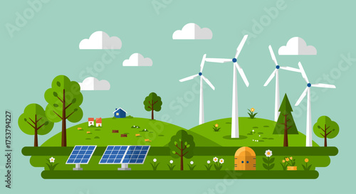 A vibrant illustration showcasing a landscape with renewable energy sources and nature.