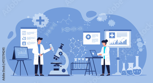 Scientists in lab coats conducting medical research with microscopes and data displays.