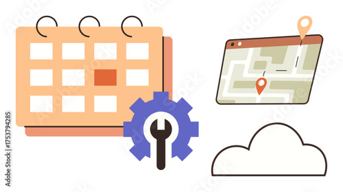 Calendar, cogwheel, map with location markers, and cloud represent planning, workflow optimization, navigation, cloud computing, scheduling remote work and digital solutions. Simple flat metaphor