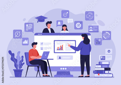 Illustration depicting online education, with students and instructors interacting digitally.