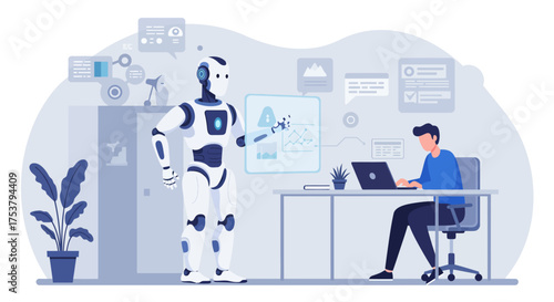 Illustration of a man working on a laptop with a robot standing nearby in an office setting.
