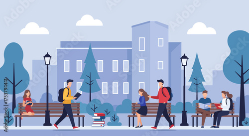 Students walking and reading on a university campus with buildings in the background.