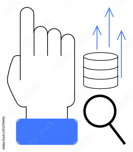Hand gesture pointing up, magnifying glass, and database stack with arrows suggesting growth, analytics, decision-making, success, innovation, research and progress. Ideal for simple flat metaphor