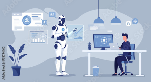 A robot and a person working together in a modern office, analyzing data.