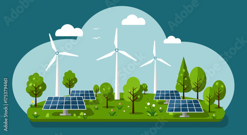 Illustration of a renewable energy landscape featuring wind turbines, solar panels, trees, and clouds on a green field.
