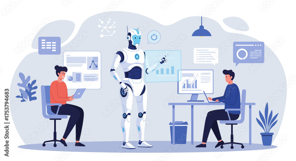 © Divetofly - A robot stands between two people working on computers, surrounded by data visualizations.