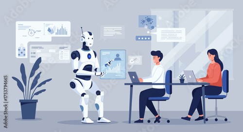 Robot interacting with two people working on laptops in an office setting with data visualizations.