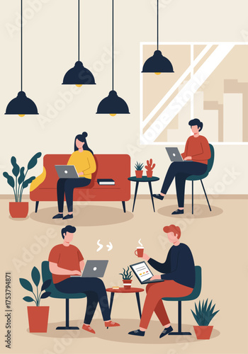 People working on laptops in a modern, bright co-working space with plants and pendant lights.
