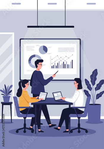 A business team collaborating during a presentation, analyzing data on a screen.