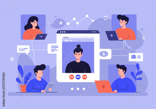 Illustration depicts a virtual meeting with participants on laptops, connected online.