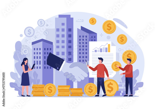 Business deal illustration with handshake, coins, buildings, and people analyzing data for investment and growth.