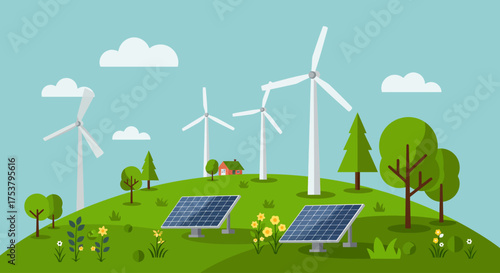 A vibrant illustration showcasing renewable energy sources, wind turbines, and solar panels.