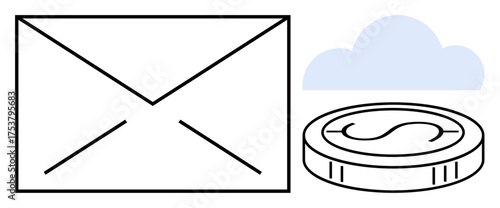 Envelope, cloud, and coin highlight communication, cloud storage, digital transactions, financial management, email marketing, online services, and secure data exchange in a simple flat metaphor