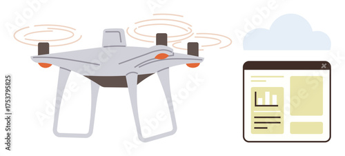 quadcopter with propellers in action, paired with a data dashboard and cloud. Ideal for technology, innovation, data collection, remote work, automation, monitoring, simple flat metaphor