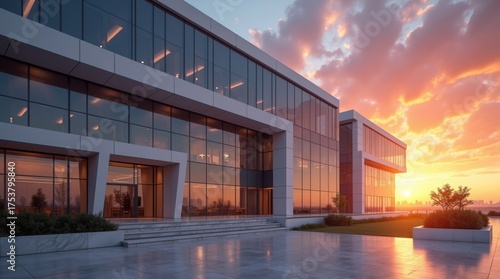 Modern business building on empty evening square. Building with glass facade on sunset sky background