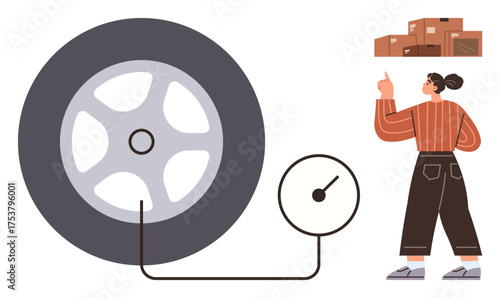 Large tire connecting to a pressure gauge, woman in casual clothes pointing at storage boxes. Ideal for automotive repair, maintenance, logistics, warehousing, safety, transportation, and efficiency