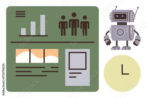 Data dashboard with bar charts, user profiles, and interface elements. Robot symbolizing automation and AI. Clock for time tracking. Ideal for data analysis, AI, technology, automation productivity