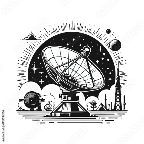 Satellite dish under a starry sky with planets nearby