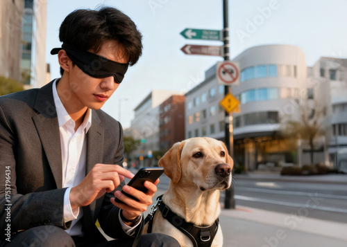 Jovem com deficiência visual com seu cão guia usando aplicativo profissional para cego que auxiliam o uso do celular