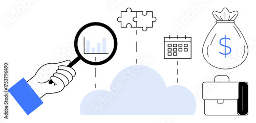 Magnifying glass over cloud with bar graph, puzzle pieces, calendar, money bag, and briefcase. Ideal for business analysis, financial forecasting, cloud computing, time management problem-solving