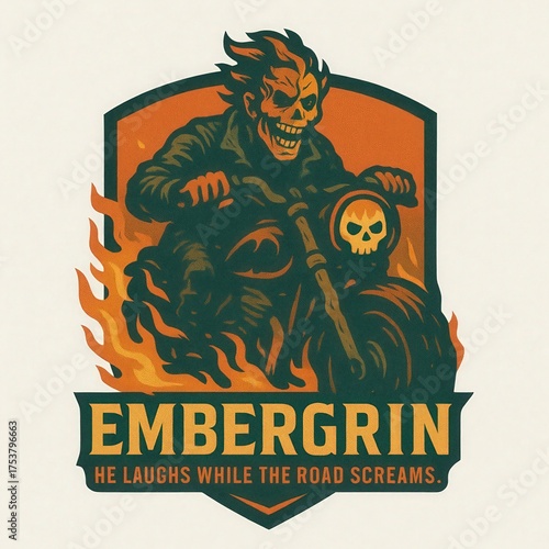 Fiery skeleton rider laughs on a burning motorcycle emblem.