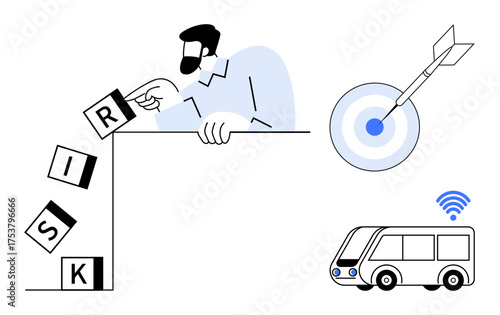 Hand rearranging RISK blocks near the edge, bullseye with dart in center, smart vehicle with wireless signal. Ideal for risk management, decision-making, goals, strategy, technology, innovation