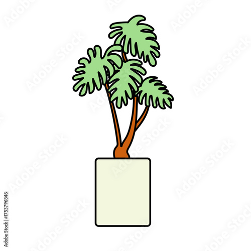 清潔な白背景に鉢植えのモンステラを描いたシンプルなベクターイラスト｜ナチュラルなインテリアやボタニカルデザインに調和する植物イメージ